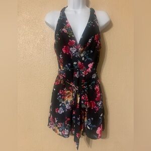 EXPRESS Floral Wrap Black Multicolor Cami Romper Sz 4 Small NWOT